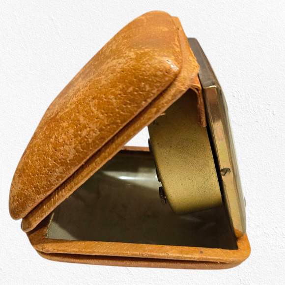 50s Vintage Hampden Travel Alarm Clock Wind-Up Mid-Century Leather Folding Case - Picture 2 of 6